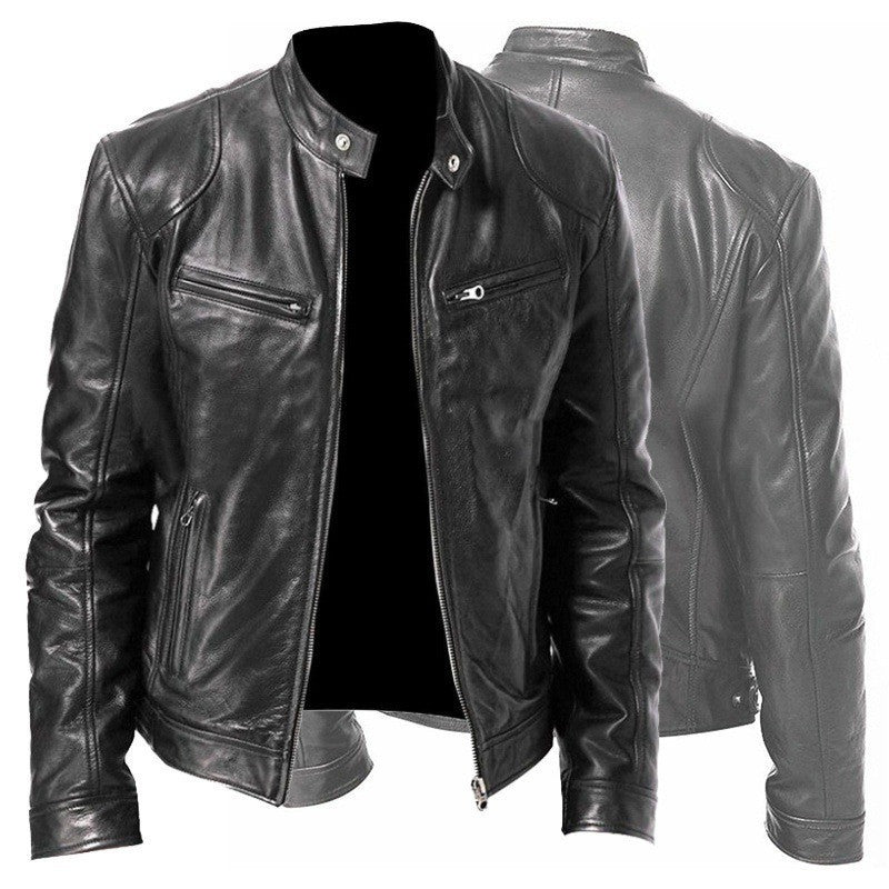 Men's Zip-up Cardigan PU Leather Jacket Fashion Pockets Stand Collar Short Tops Clothing