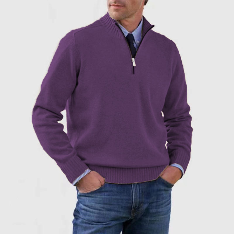 Men's Stand Collar Zipper Sweater Winter Fashion Solid Color Long Sleeve Knitted Top Clothing